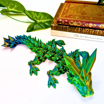 12-inch 3D printed Baby Crystal Dragon fidget toy in blue, orange, and green, featuring detailed scales and a playful design, perfect for dragon enthusiasts and collectors